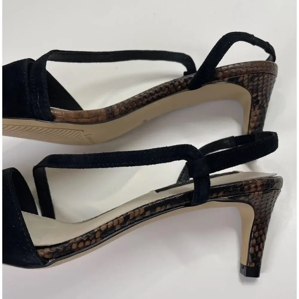 Sanctuary Pumped Up Asymmetrical Strappy Suede Pumps Black/Brown Snake Sz 6M